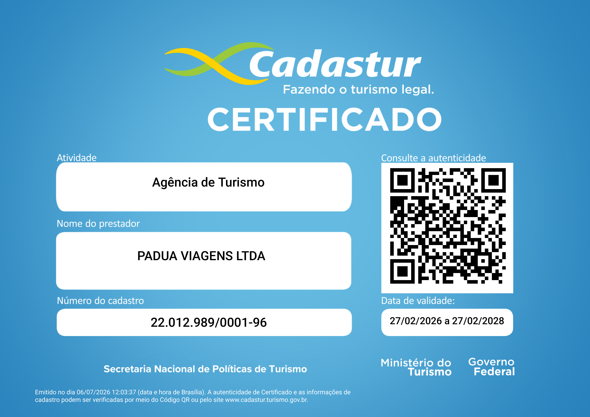 Certificado Cadastur — Pádua Viagens LTDA — Ministério do Turismo